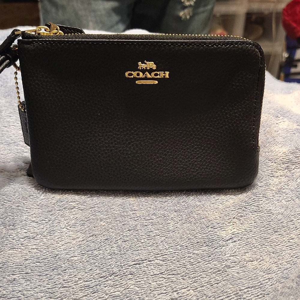 Coach Black Leather Wristlet with Gold Accents